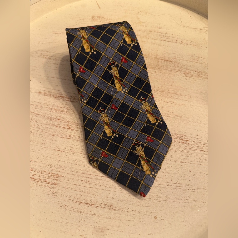 Tommy Hilfiger Blue and Gold Golf-Themed Tie